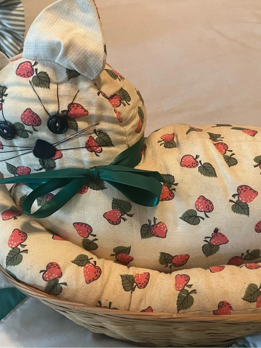 Handmade Plush Strawberry Cat Cream with Red Strawberries in basket